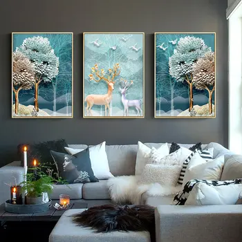 

Nordic Forest Bird Elk Sofa Backdrop Wall Art Canvas Painting Vestibule Wall Poster Prints For Living Room Modern Home Decor