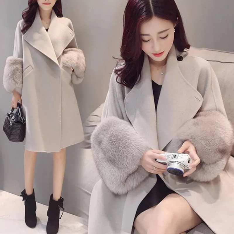 

Hot Autumn Winter Women Coat Long Sleeve Faux Fur Patchwork Jacket Turndown Collar Solid Color Pockets Lady Casual Outwear CGU 8