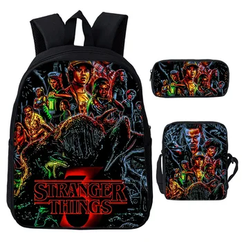 

Newest Set of 3 stranger things Backpack students Mochila Shoulder bag pencil case sling bag School Bag Fashion Satchel