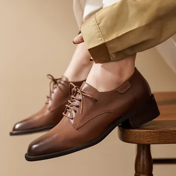 

2020 Spring England Vintage Lace-Up Leather Shoes Women Fashion Genuine Leather Brogue Shoes Flats Ladies Casual Big Size Flats