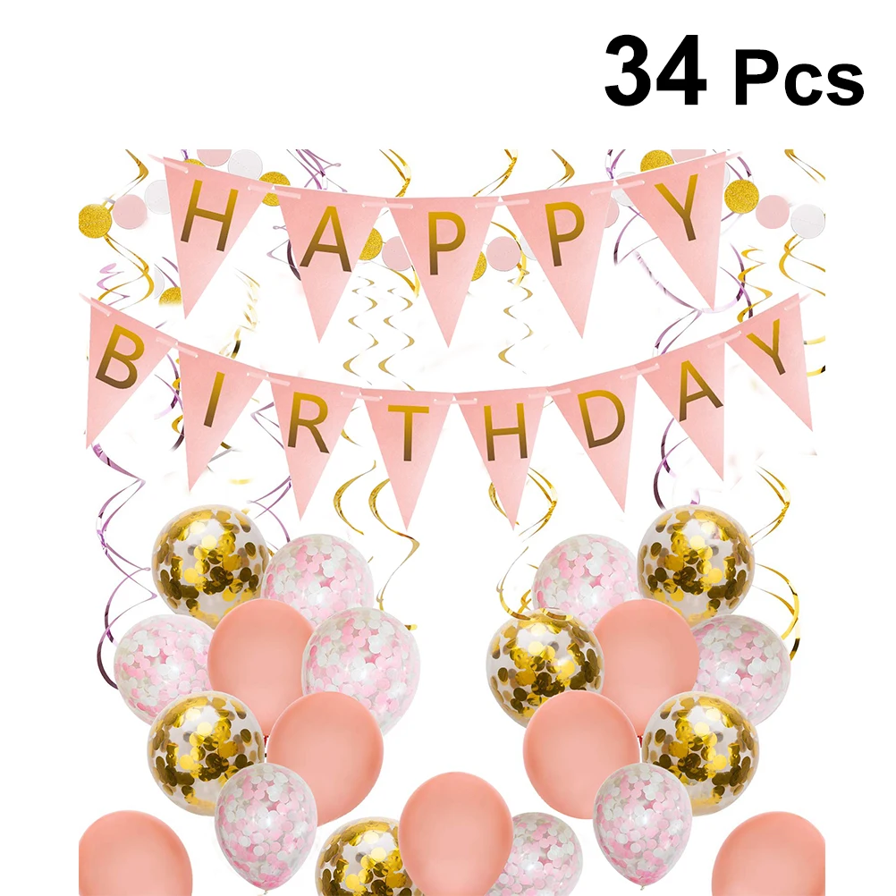 34 шт. украшения для дня рождения девочек розовый флаг воздушный шар