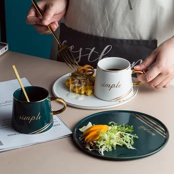 

Brief Creative Coffee Mug and Saucer Set Breakfast Cup with Handle Saucer Spoon Household Afternoon Teacups Set of Ceramic Cups