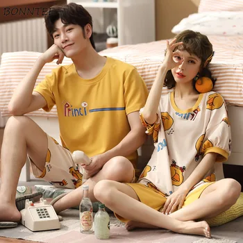 

Pajama Sets Women Couples Summer Print Korean Style High Quality Leisure Large Size 3XL Fashion Simple Womens Stylish Ulzzang