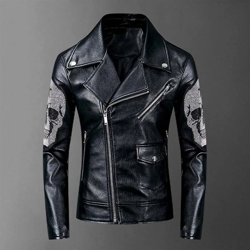 Men Fashion Punk Leather Jackets And Coats Skull Pattern Motorcycle Pu Faux Leather Jackets Outwear For Male Black (6)