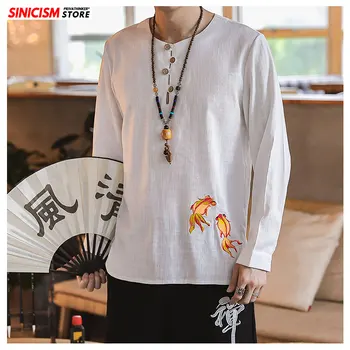 

Sinicism Store Embroidery Linen Chinese Style Shirt Mens Fashion 2020 Spring Summer Mens Shirts Male White Shirt Clothing 5XL