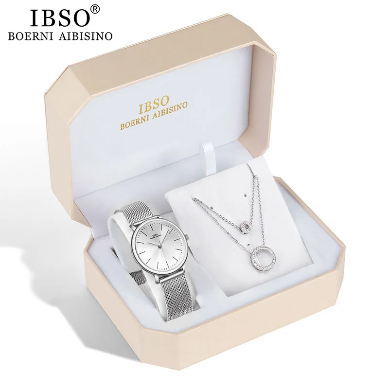 IBSO, брендовые кварцевые наручные часы, ожерелье, серьги, комбинированный набор, женские часы, наручные часы с металлическим ремешком, женские часы для подарка