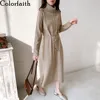 Colorfaith New 2022 Autumn Winter Women Dresses Turtleneck Drawstring Oversize Korean Split Knitted Elegant Long Dresses DR1029 ► Photo 1/6