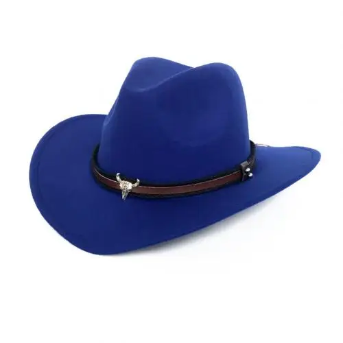 Голова унисекс, ковбойская шерстяная шляпа с широкими полями, фетровая шляпа в стиле джаз, кепка с ремешком, шляпа-федора, шляпы джентльмена с широкими полями - Цвет: Синий