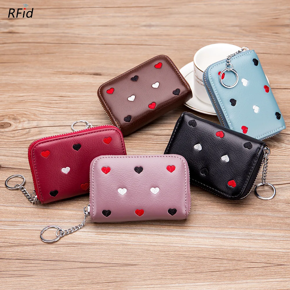 

New Hearts Embroidered Women Coin Purse Genuine Leather Square Zipper Travel Organizer RFID Card Holder Small Wallet Clutch Bag