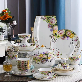 

Ceramic Tableware Set Royal European Household Bone China Dinner Plate 6/10 People Use Set Bowl Fish Plate Ceramic Casserole