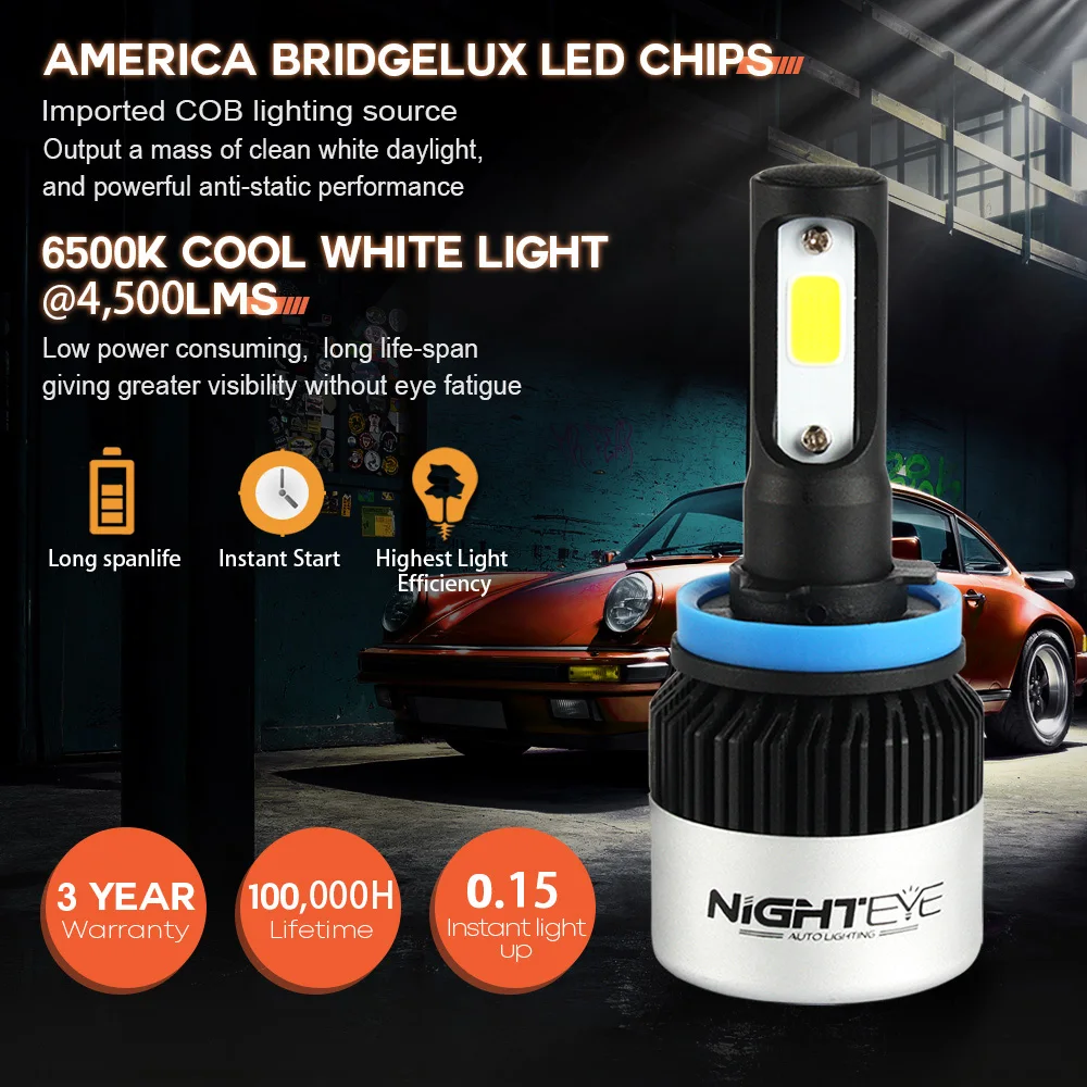 Nighteye 2 шт. супер яркий H11 светодиодные лампы H8 H9 72 Вт 9000lm фара автомобиля