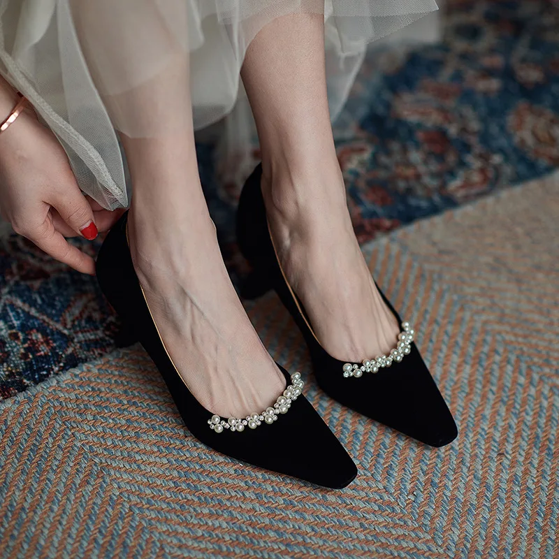 

High Heels Women Retro French Square Toe Small Heel Single Shoes Pearl Spring New All-Match Work Shoes