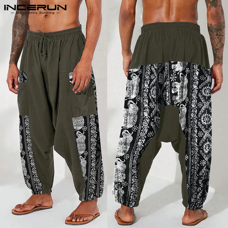 Harem-Pants Drop-Crotch trousers Streetwear Cotton Joggers Incerun-Printed Loose Vintage