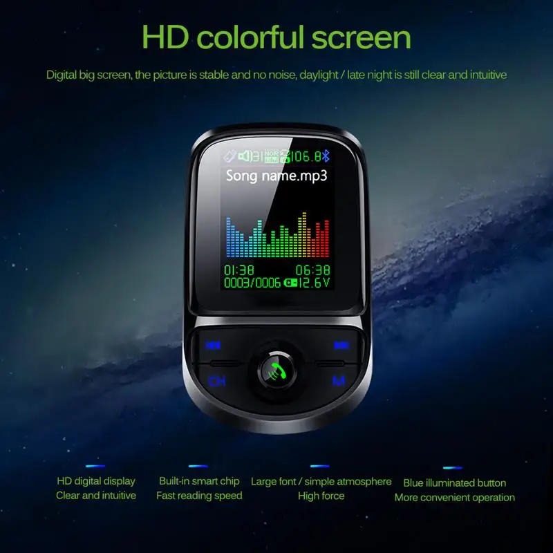 Цветной экран Автомобильный fm-передатчик Поддержка USB TF карта Bluetooth 5,0 AUX Быстрая зарядка Hands Free MP3-плеер