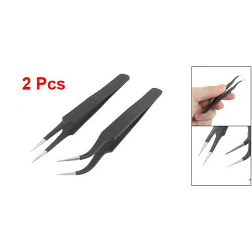 

2 Pcs 13cm Length Black Anti-static Straight Curved Tweezers