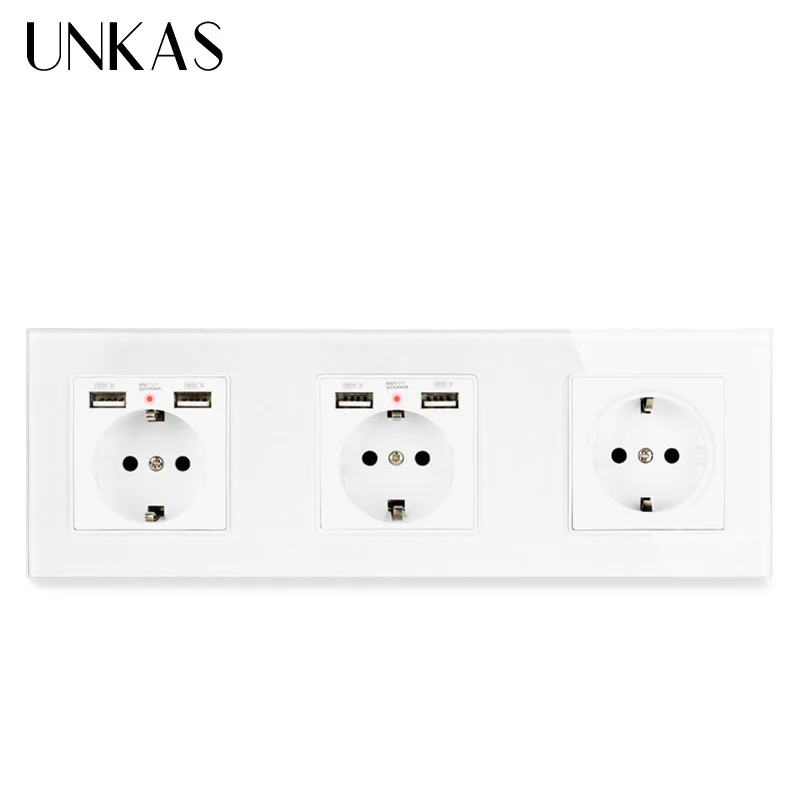 UNKAS 3 Gang настенная розетка стандарта ЕС с 2 USB портами для зарядки мобильный