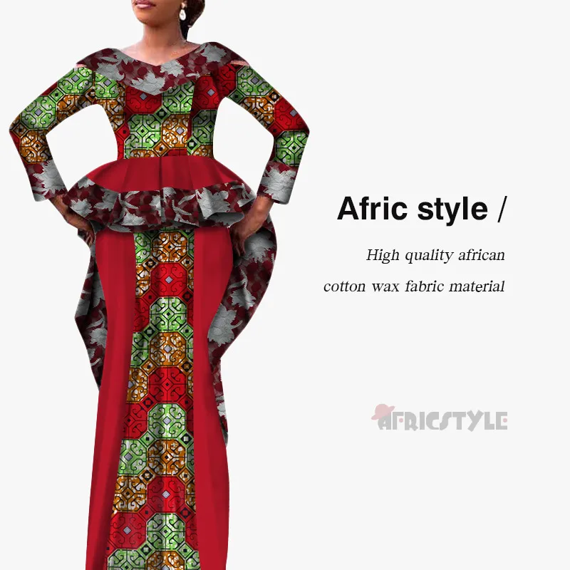 African Dashiki Bazin Dress 2- Piece Top and High Waist Skirt Set model WY5341 - Цвет: 15