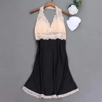 

Satin Silky Spaghetti Strap Nightgown Women Lace Patchwork Sleepwear Nightdress Sexy Homewear Intimate Lingerie Home Clothes
