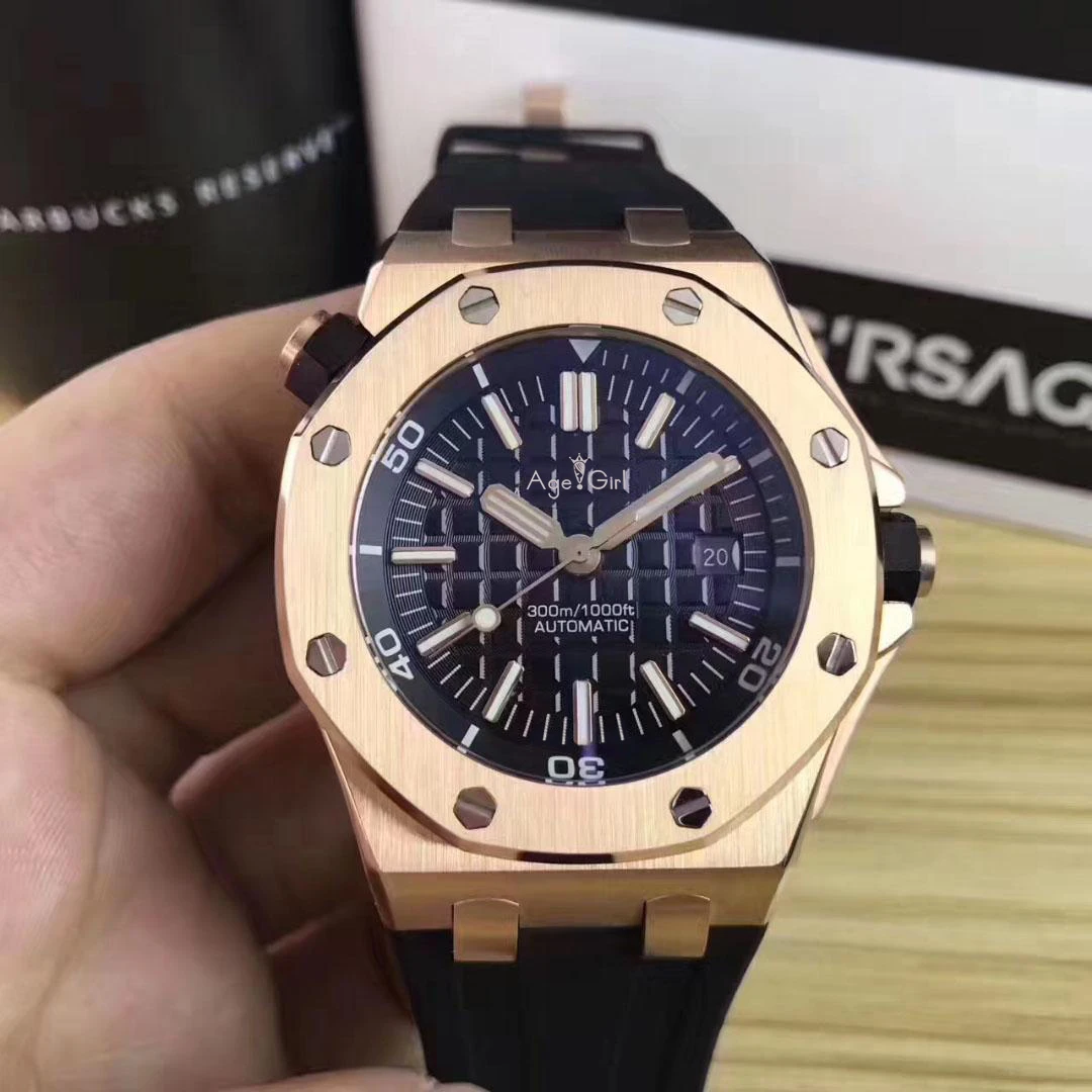 

Famous Brand New Men Stainless Steel Automatic Mechanical Diver Sapphire Watch Black Blue Rubber Rose Gold Royal Oaks Glass Back
