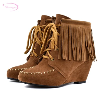 

Casual riding boots round toe nubuck ankle boots fashion fringe lace-up black brown yellow high-heeled wedges women's shoes