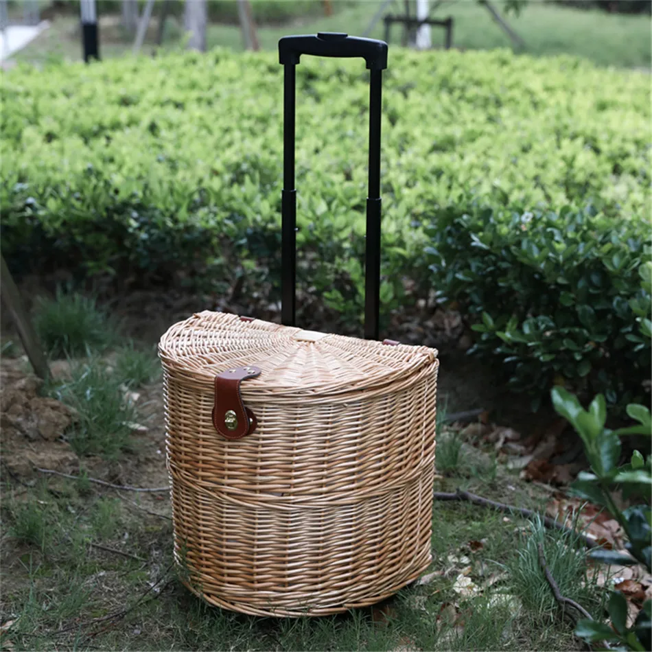 Rattan Trolley Picnic Basket Natural Wicker Weaving Lunch Baskets Wheels Family Outing Trip Picnic Bento Storage High Capacity