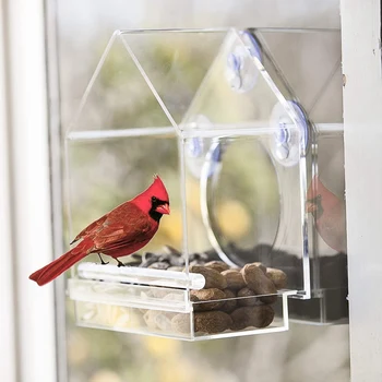 

Pet Bird Feeder Bird Cage House Shape Transparent Acrylic Bird House Clear Ceiling Window Absorption Installation Pets Loves