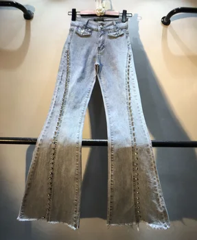 

European Goods Jeans Female Industrial Hot Drilling Beads High-waisted Slimming Capri Boot-Cut Jeans Women Elastic Denim Pants
