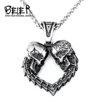 

Beier 316L stainless steel Double skull heart shaped men's pendant necklace lucky love fashion jewelry LHP114