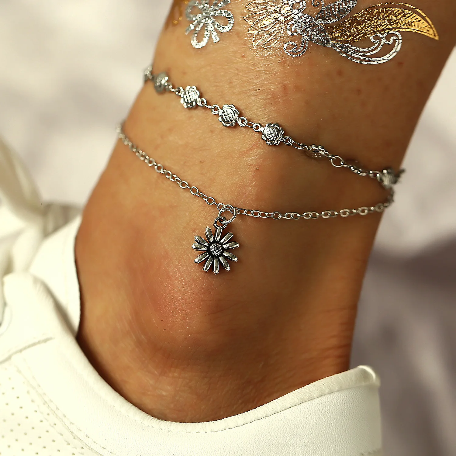 

Europe And America New Style Anklet Supply of Goods Creative Retro Sunflower Pendant Anklet Set Two-Piece Set