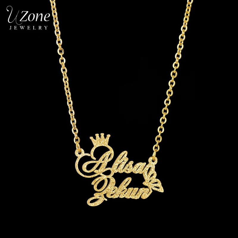 

Uzone Gold Custom Double Name Crown Butterfly Necklace For Women Stainless Steel Frosted Letter Chain Necklace Anniversary Gift