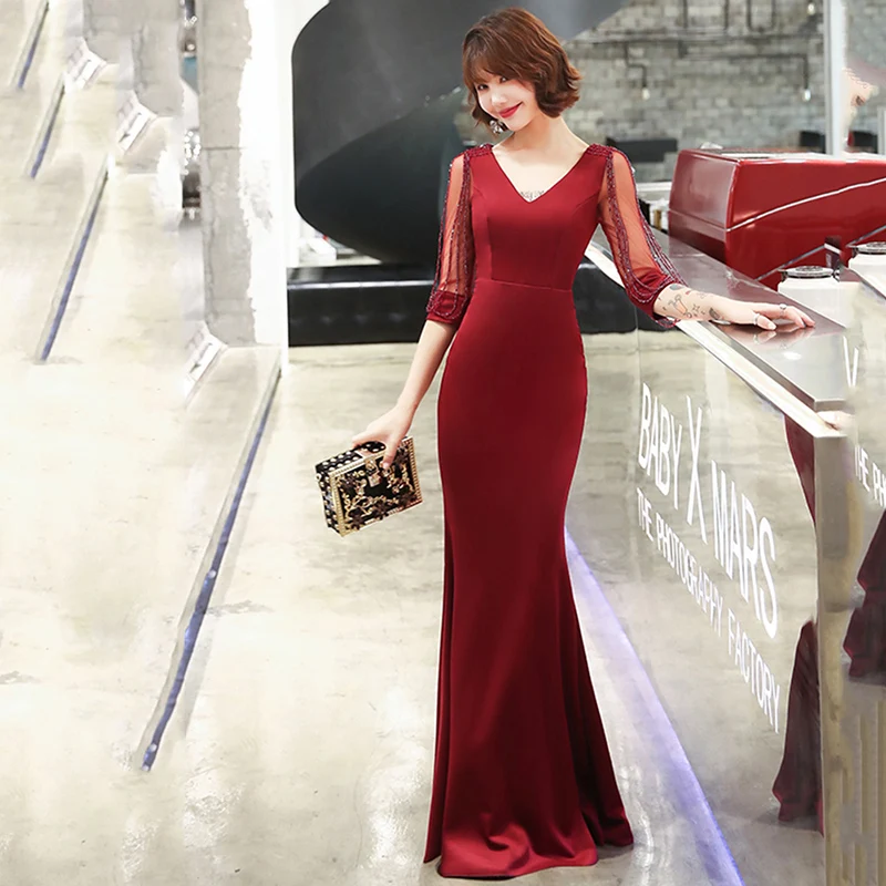 Высококачественный красный тонкий длинный Cheongsam элегантный v-образный вырез рыбий хвост Формальное вечернее платье Новинка кисточкой халат с коротким рукавом De Soiree размер XXL