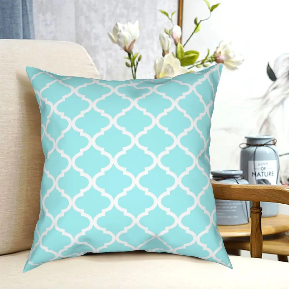 Aqua Light Blue White Quatrefoil Pattern Square Pillowcase Zipper Decor Pillow Case for Bed Cushion Cover Wholesale | Дом и сад
