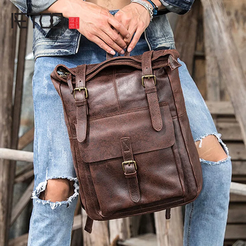 

AETOO Leather vintage shoulder bag, men's large-capacity backpack, women's college leather bag, travel backpack