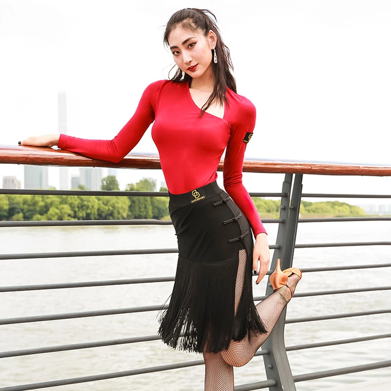 New Latin Dance Leopard Skirt Women Black Fringe Skirt Competition Tassel Costume Cha Cha Rumba Samba Dance Dress Latin BL2884