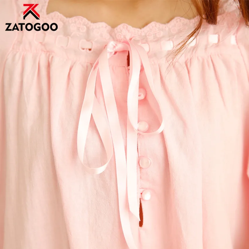 Женская кружевная одежда для сна, винтажный пеньюар с длинными рукавами, чистый белый розовый хлопок, платье принцессы для сна, свободная ночная рубашка, домашняя одежда