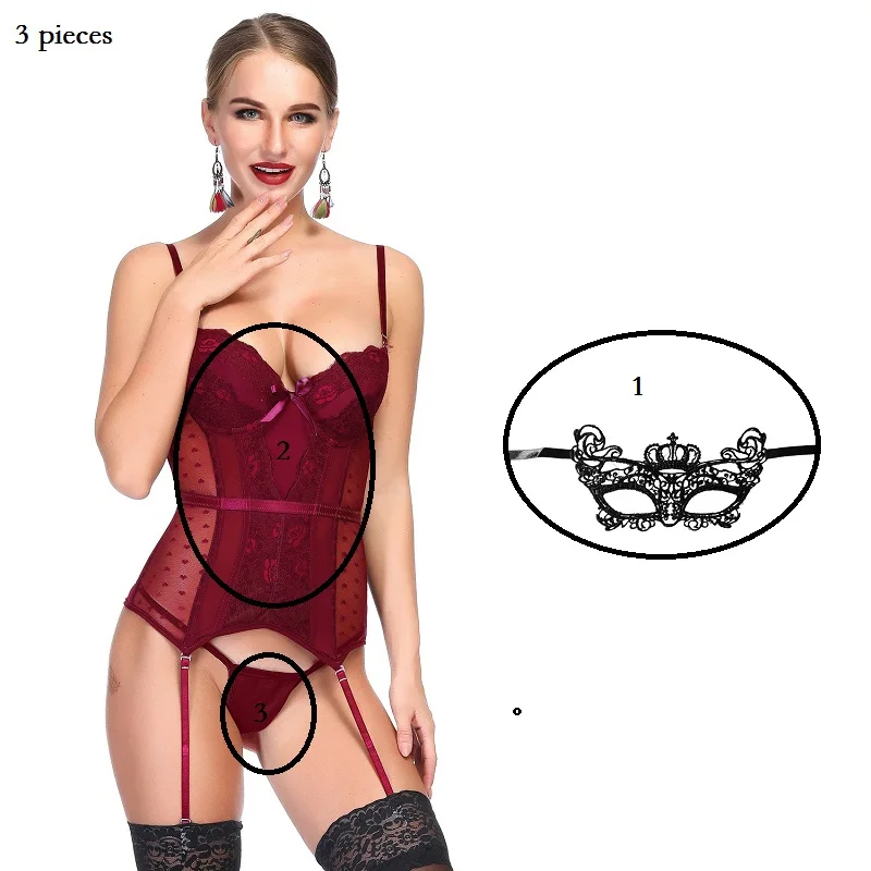 Women sexy Lingerie Bustier Set Basque Temptation Erotic Underwear Transparent Lace Waist trainer Push Up Corset - Цвет: style1 wine red