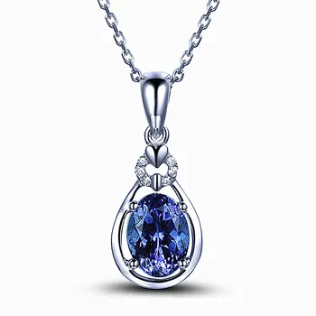 

Fashion princess blue crystal sapphire gemstones diamond pendant necklaces for women white gold silver color choker jewelry gift
