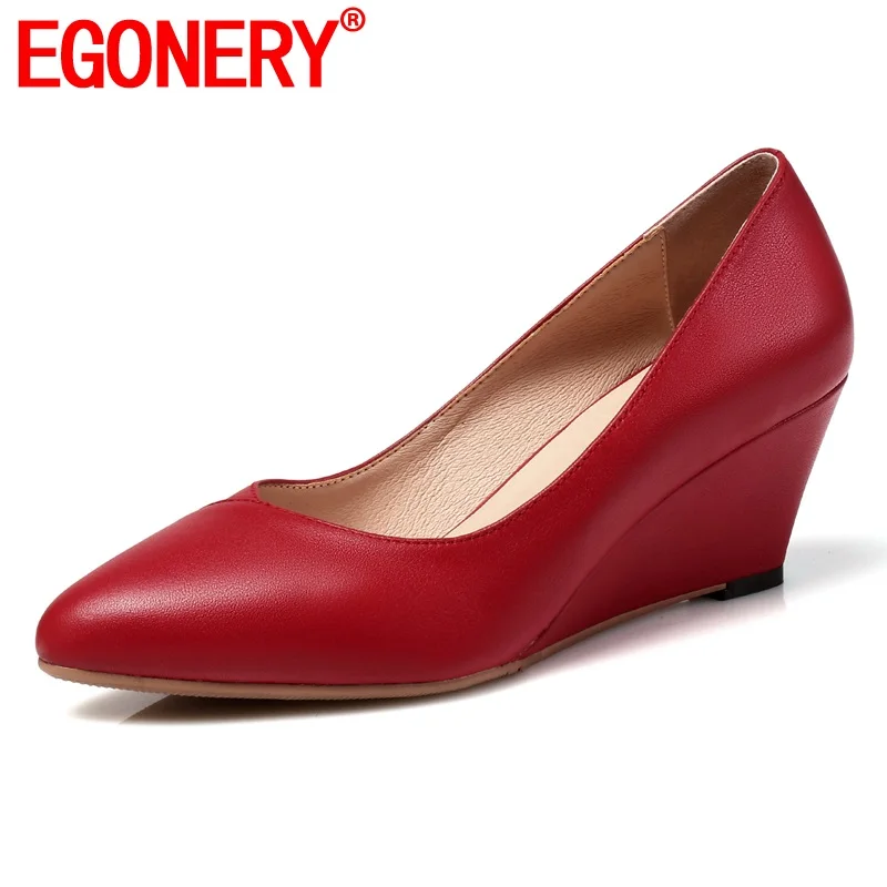 

EGONERY genuine leather wedge shoes fashion party woman pointed toe pumps red black beige 5.5cm high heels wedding women's shoes