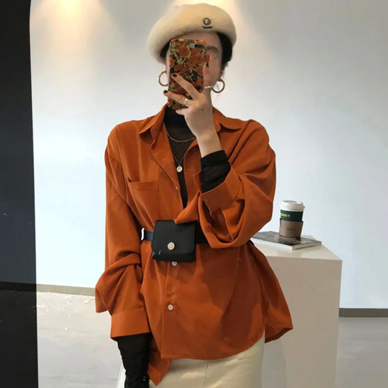 [EWQ] Korean Retro Solid Color Pocket Decoration Tops Women Autumn 2021 New Loose Lapel Single Breasted Shirts Female 16R638 | Женская