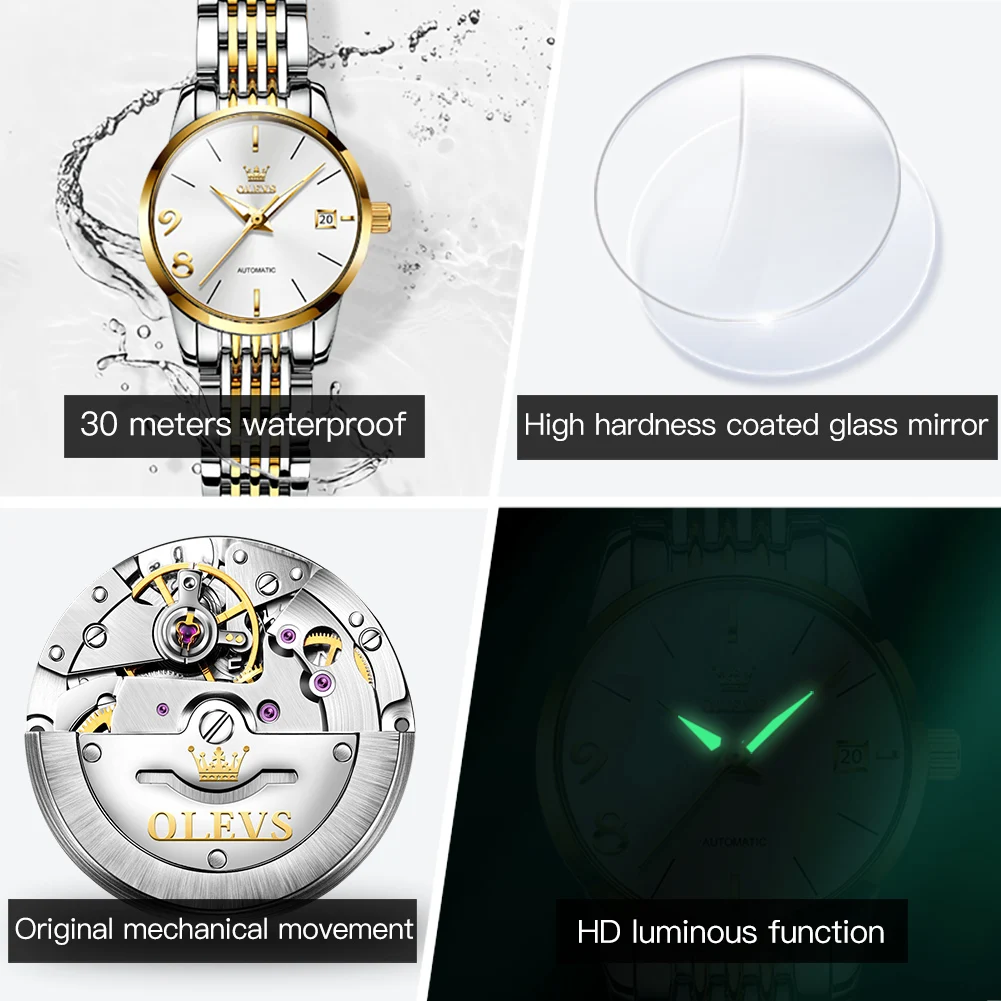 OLEVS Automatic Watch for Women Waterproof Stainless Steel Mechanical Watches Luxury Dress Self Wind Wristwatch Relogio Feminino 6