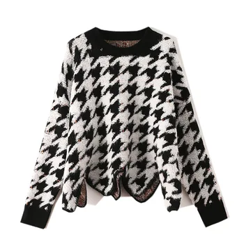 

Asymetrical Sweater Women Tops Retro Houndstooth Knitted Pullover Outerwear Autumn Spring Casual Coats TA3120