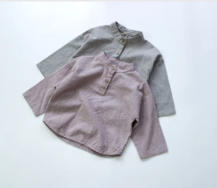 New Autumn Baby Boys Cotton Linen Shirts Pure Color Korean Style Children Shirts Stand-up Collar Kids Long Sleeve Tops boys long sleeve shirts