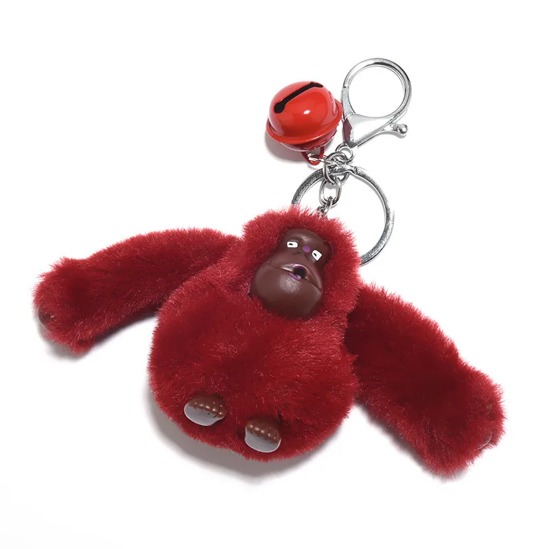 Fluffy Pompom Gorilla Keychain Cute Plush Doll Animal Key Chain Faux Fur Pom Pom Car Key Ring Trinket Bag Charms Pendant Jewelry - Цвет: Цвет красного вина