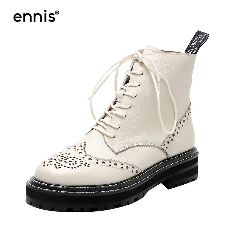 Beige ENNIS Brand Ankle Martin Boots Women Brogue Shoes Lace Up Genuine Leather Platform Boots Fashion Autumn Winter Boots A9365 - Цвет: Beige