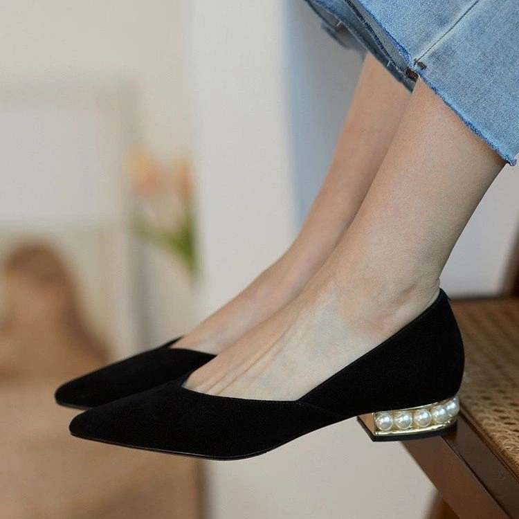 2021Fashion Female Pearls Heels Single Shoes Spring Suede Leather Women Ladies Office Pumps Pointed Toe V Mouth Slip On Work Sho