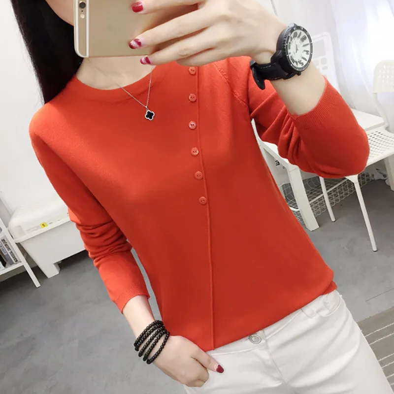 

Casual Sweaters Women 2023 Korea Style O Neck Button Knitted Sweaters Autumn Winter Slim Pullover Sweater Basic Thin Jumper Tops
