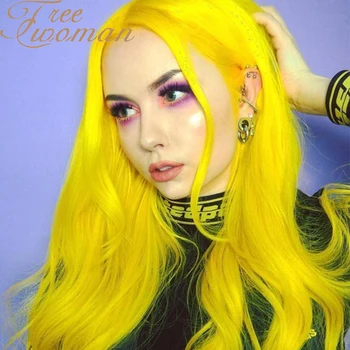 

FREEWOMAN Long Water Wave Yellow Synthetic Wigs Natural Hairline Middle Part Wig WIth for Black/White Women Party Cosplay Wig