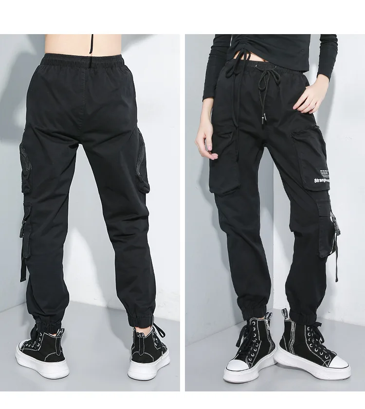 Брюки карго с несколькими карманами, новинка, осенние черные свободные штаны с высокой эластичной талией для фитнеса, модные женские брюки LT419S30