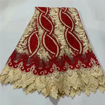 

High Quality Nigerian Lace Fabric With Stone African Lace Fabrics For Party Dress Red Africa French Lace Fabric 5 Yards