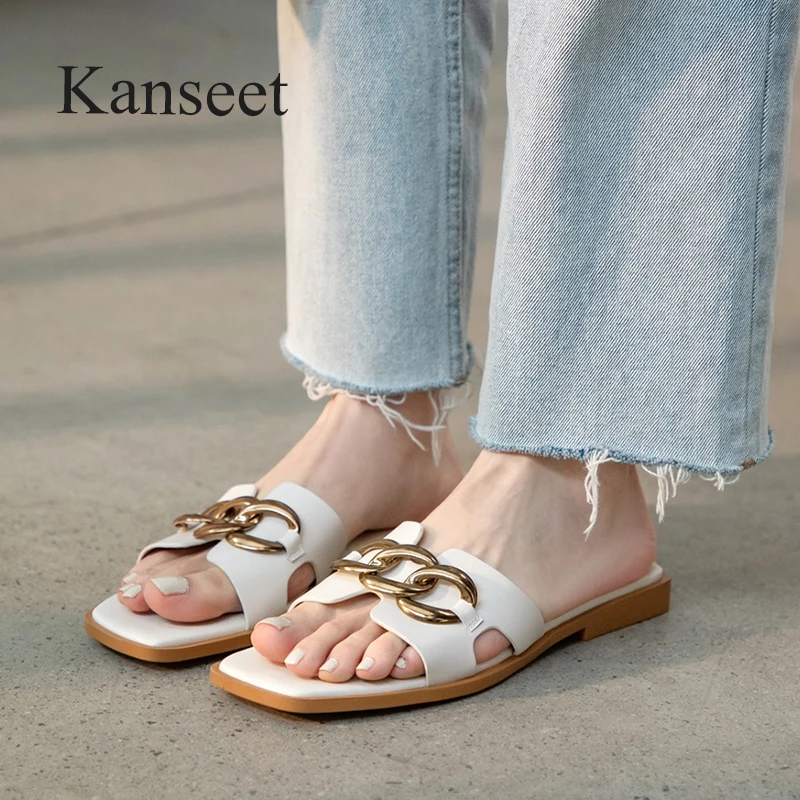 

Kanseet Summer 2021 New Women's Slippers Metal Decoration Real Leather Female Shoes Comfort Basic Low Heels Slippers Woman